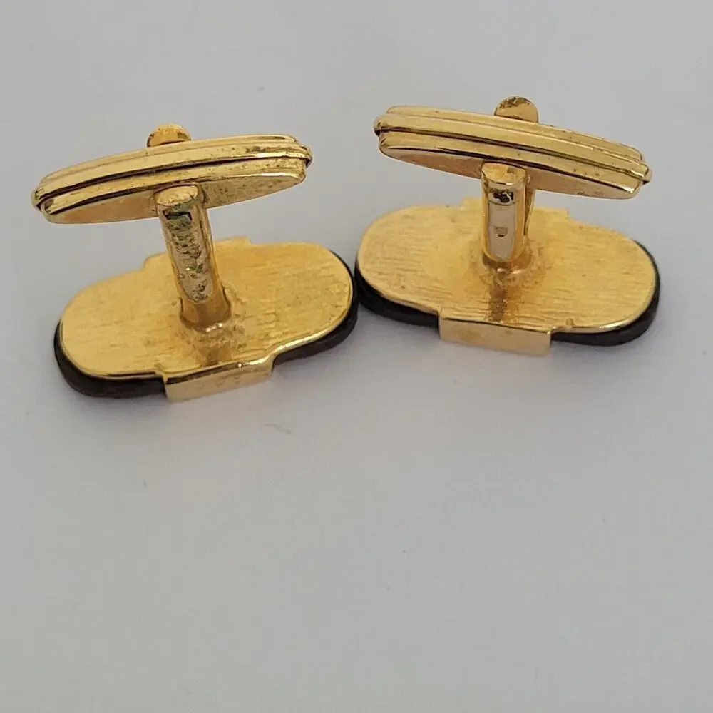 Nina Ricci N‎ Oval Cufflinks Gold Brown Wood Tone French Designer Retro Vintage